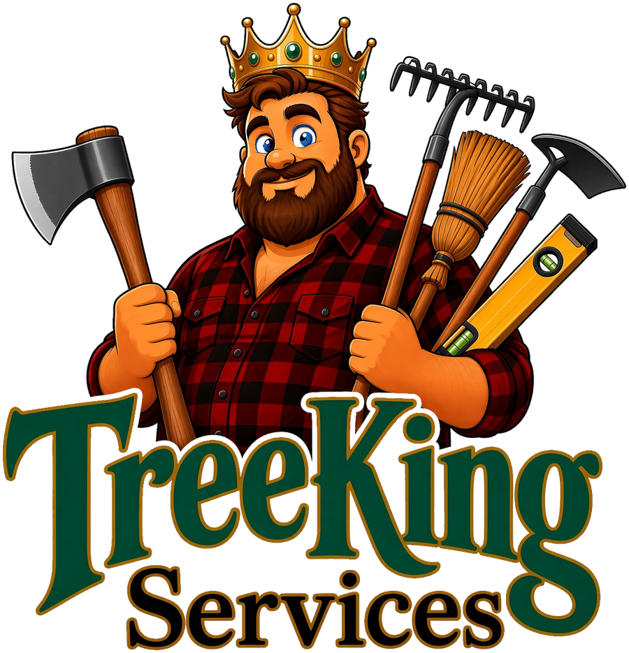 TreeKing Services official logo — lumberjack king with axe and landscaping tools